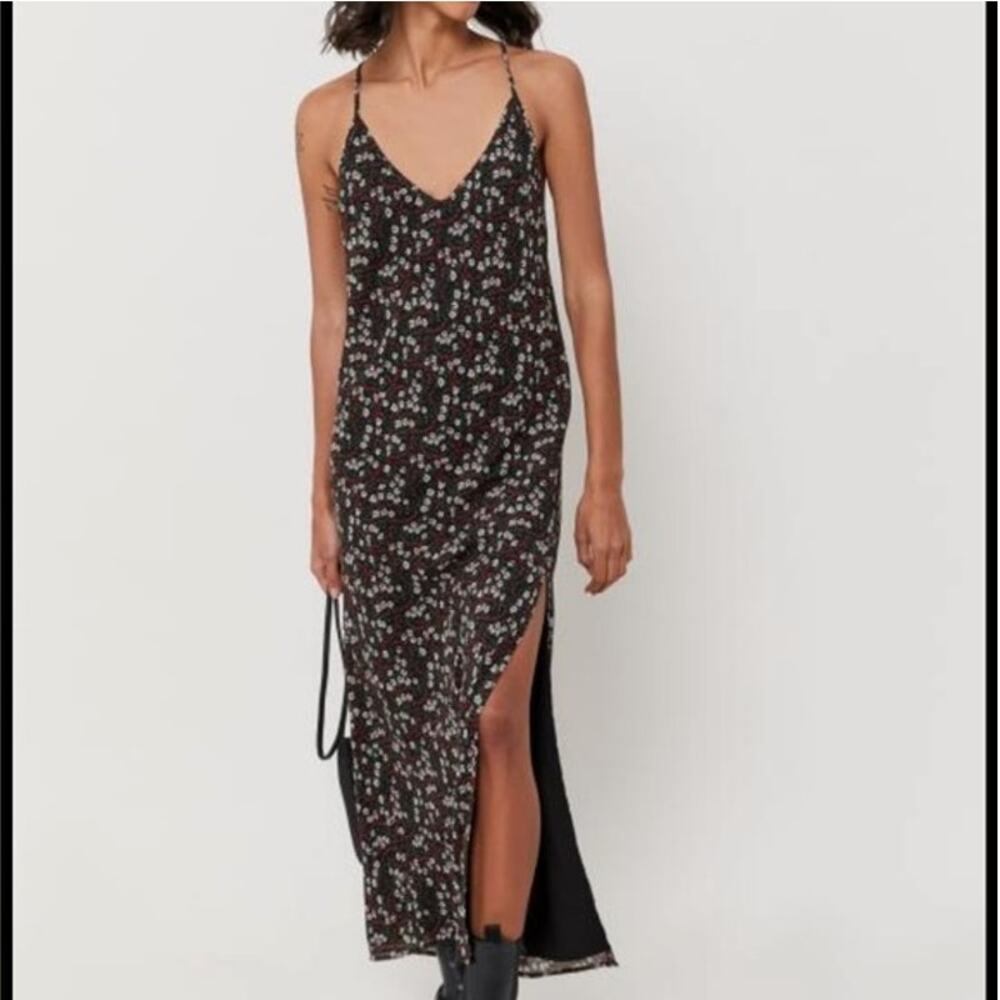 Tiger Mist XS Sexy Black 90s Floral Strappy Back Lined Long Maxi Slip Dress